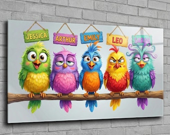 Cuadro Vidrio Personalizado Familia Pájaros Decoración Pared Habitación Niños Regalo Nombre Cartel