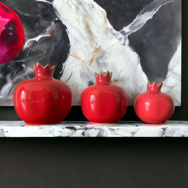 Ceramic Red Pomegranate  Sculpture Set, Handmade Pomegranate Decor, Set of 3 (L, M, S), Countertop Vase, Housewarming Gift, Fruit Art