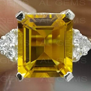 Emerald Cut Yellow Sapphire Ring: 6.20 Carat, 925 Sterling Silver, Gold Plated