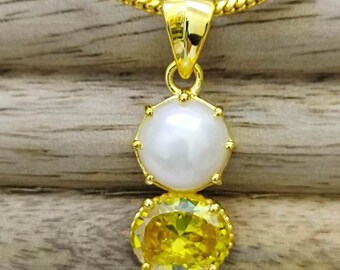 Handmade Pearl and Yellow Sapphire Pendant, Gold Plated Sterling Silver
