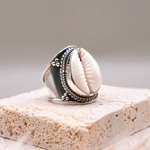 Boho Cowrie Shell Cast Ring | Genuine .925 Sterling Silver Seashell Jewelry