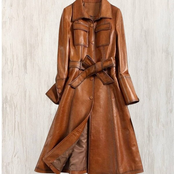 Women's Italian Style Brown Real Leather Overcoat | Handmade Vintage Style Trench Sheepskin Leather Long Brown Coat l Fashionable Coat