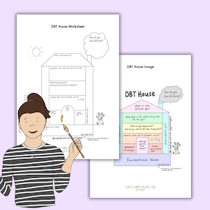 May include: Two DBT House worksheets and an image. The worksheets are white with black text and illustrations. One worksheet has a drawing of a house with prompts. The other image has a drawing of a house with prompts and the text "DBT House Image".