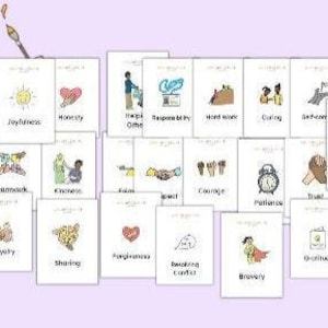 May include: A set of white cards featuring illustrations and words such as "Joyfulness," "Honesty," and "Friendship." The cards are displayed against a light purple backdrop. A person is visible on the left side of the image.