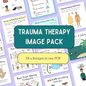 May include: A teal green rectangle with the text "TRAUMA THERAPY IMAGE PACK" in white text. Below the rectangle is a yellow rectangle with the text "28 x Images in one PDF". The image is a collage of 28 different illustrations related to trauma therapy.