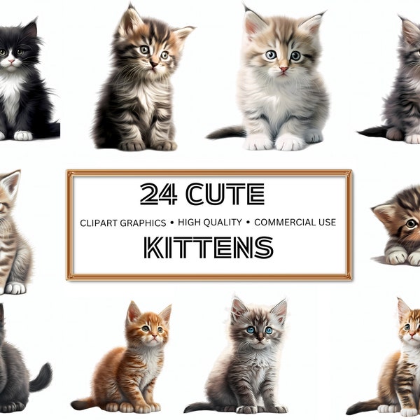 Premium Cute Kitten Clipart: 24 High-Quality PNGs for Digital Download - Perfect for Card Making, Clip Art, and Digital Paper Crafts