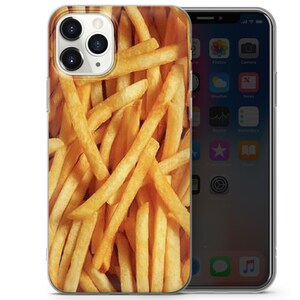 May include: A clear phone case featuring a design of golden brown chips. The chips are arranged in a random pattern and cover the entire case.