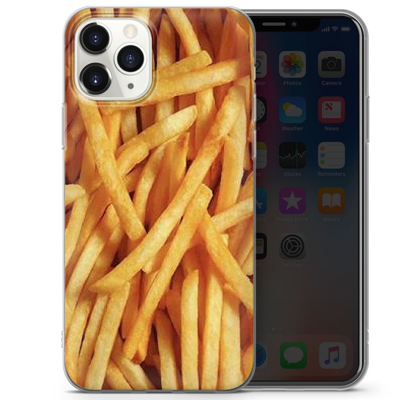 May include: A clear phone case featuring a design of golden brown chips. The chips are arranged in a random pattern and cover the entire case.