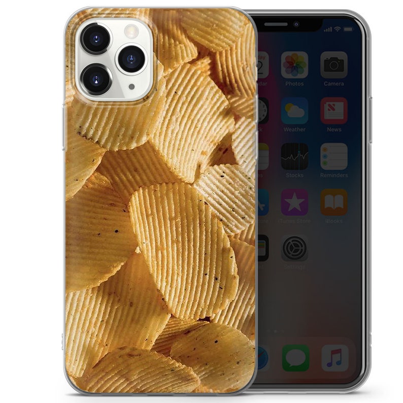 May include: A clear phone case featuring a close-up image of a pile of golden potato chips.