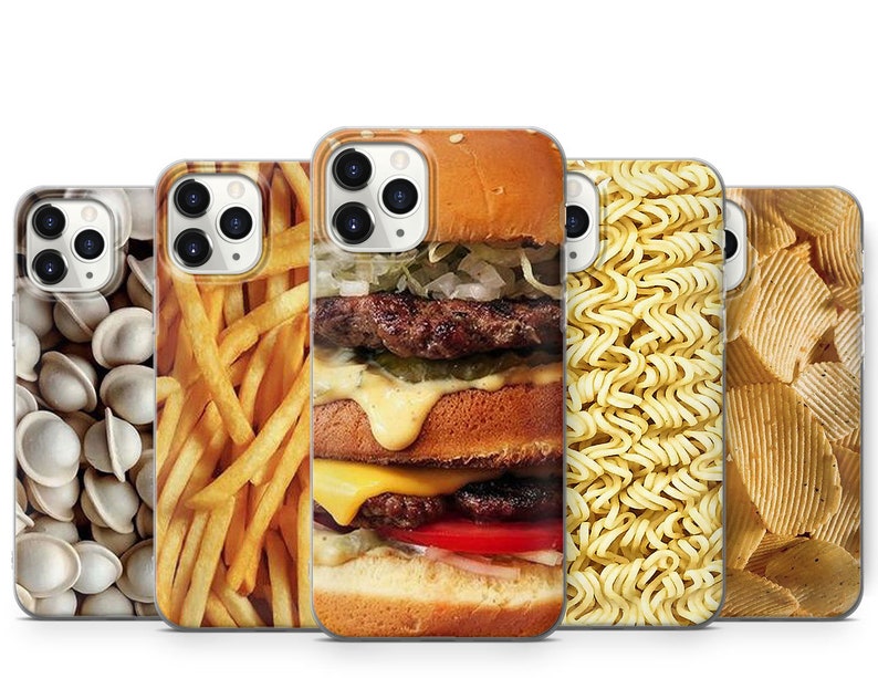 May include: Four different iPhone cases featuring various food designs. The first case shows a close-up of white and beige dumplings. The second case features a pile of golden brown chips. The third case has a colourful hamburger with lettuce, tomato, cheese, and pickles. The fourth case features a close-up of yellow noodles.
