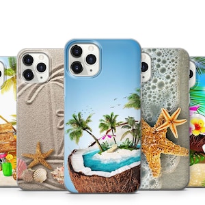 May include: Five phone cases with tropical beach designs. The cases show a beach scene with a sign, sand with a starfish, a coconut island, a beach with a starfish, and a coconut drink. Each case has a unique design with bright colours.