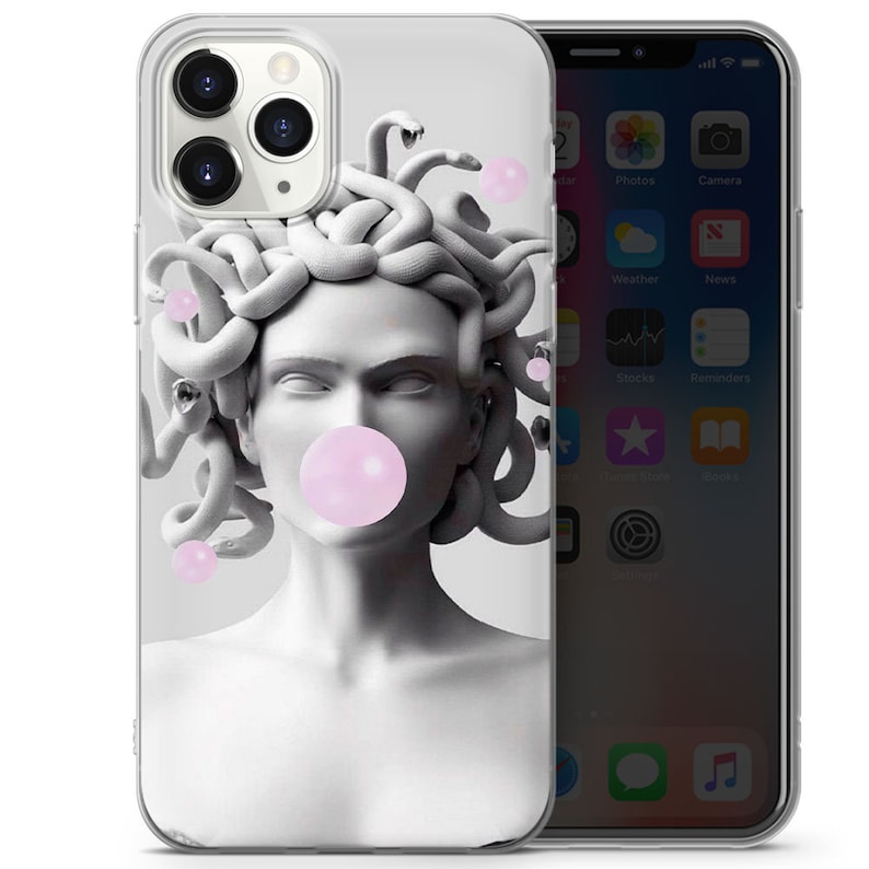 May include: A clear phone case featuring a black and white image of Medusa with pink bubble gum. The image is a modern interpretation of the Greek myth.