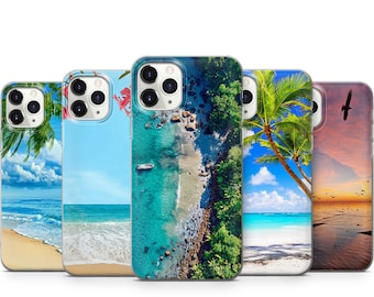May include: Five different phone cases with tropical beach scenes. The cases feature images of palm trees, ocean waves, and sandy beaches.