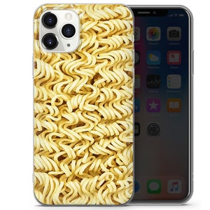 May include: A clear phone case featuring a design of yellow instant noodles. The case is designed to fit an iPhone.