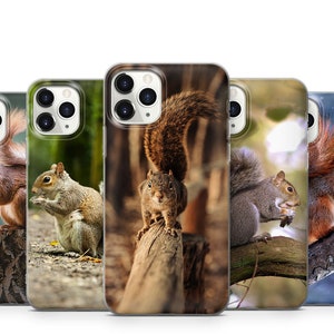 Op de afbeelding: Vier verschillende telefoonhoesjes met verschillende eekhoorns. De hoesjes zijn allemaal transparant en tonen een close-up van de eekhoorns in verschillende omgevingen. Eén hoesje toont een grijze eekhoorn op een tak, een ander toont een rode eekhoorn op een tak en de andere twee hoesjes tonen grijze eekhoorns op de grond.