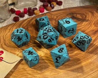 Veined Turquoise | Polymer clay sharp-edged polyhedral seven-piece dice set with crystal D4