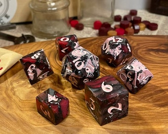 Rose Petals on Velvet | Polymer clay sharp-edged polyhedral seven-piece dice set with crystal D4