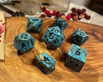 Gilded Veined Turquoise | Polymer clay sharp-edged polyhedral seven-piece dice set with crystal D4