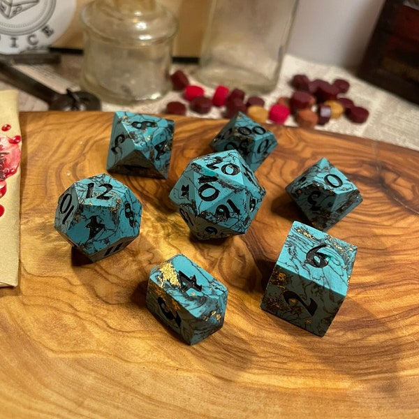 Gilded Veined Turquoise | Polymer clay sharp-edged polyhedral seven-piece dice set with crystal D4