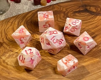 Pink Milk | Polymer clay sharp-edged polyhedral seven-piece dice set with crystal D4