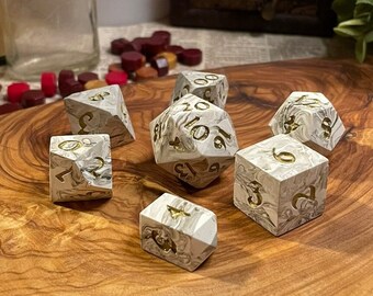 The Department - No Gold Variant | Polymer clay sharp-edged polyhedral seven-piece dice set with crystal D4