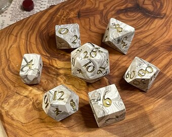 The Department - Some Gold Variant | Polymer clay sharp-edged polyhedral seven-piece dice set with crystal D4