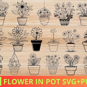 Op de afbeelding: 21 zwart-witte lijntekeningen van bloemen in potten. De bloemen zijn in verschillende stijlen en arrangementen. De illustraties zijn perfect voor knutselen, scrapbooking en andere creatieve projecten.