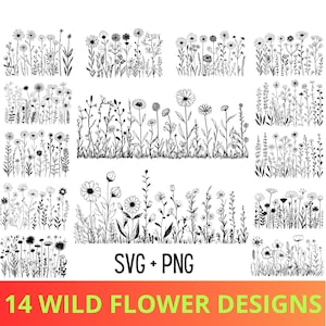 Wildflowers SVG en PNG Bundel - Zwart-wit Wildflower Art - Botanische SVG Bundel - Natuur svg - Floral svg - Wildflower Print png