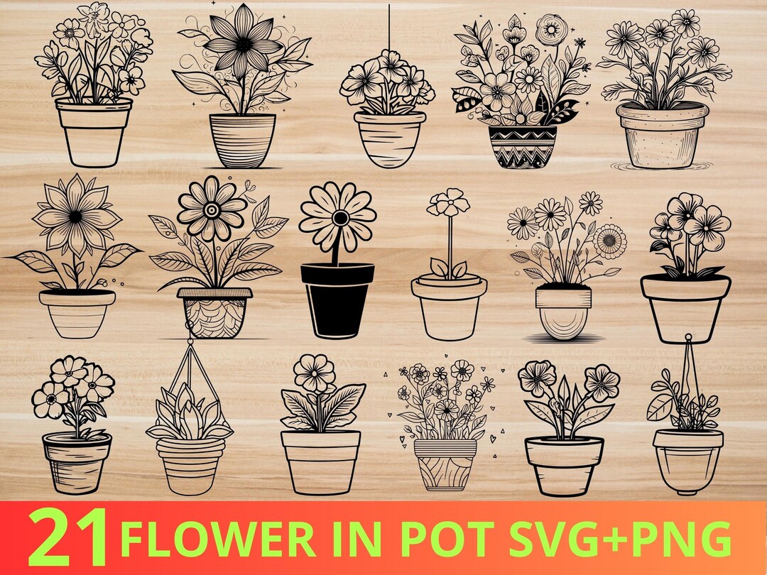 Flowers in Pot SVG and PNG Bundle - Black and White Flower Art - Nature ...