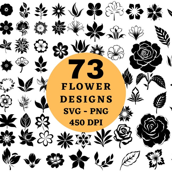 73 Flower Designs SVG PNG Bundle - Wildflower Clipart Black and White Bundle -  Rose Svg - Flower Logo Svg - Circut Cut Files Silhouette