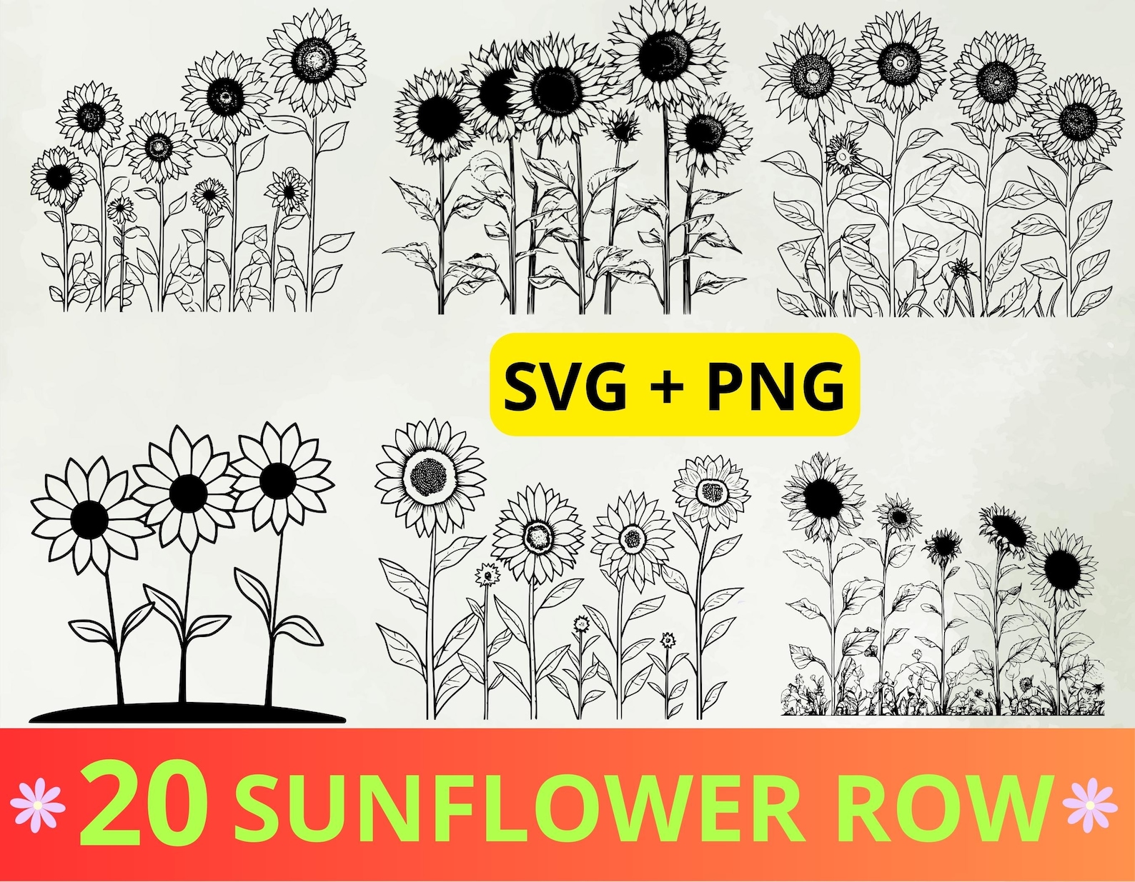 20 Sunflower Row SVG and PNG Bundle - Sunflower Black and White Svg ...