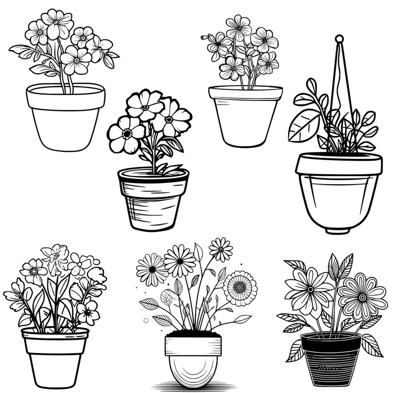 Flowers in Pot SVG and PNG Bundle Black and White Flower Art Nature Svg