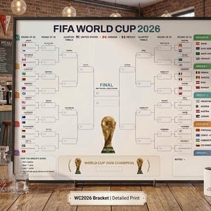 Puede incluir: Un póster de cuadro de torneo FIFA World Cup 2026 con una ilustración central de trofeo dorado, banderas de equipos y líneas de progresión de partidos. La impresión incluye texto para la final, las fases de grupos y el campeón.