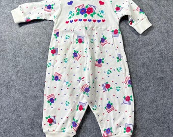 Vintage Baby Floral Heart Cotton Romper White Pink Blue Medium 14-18lbs Kidcore