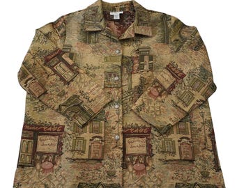 Giacca vintage con stampa arazzo, scena da caffè, bottoni, stile boho, retrò anni '90, 20P