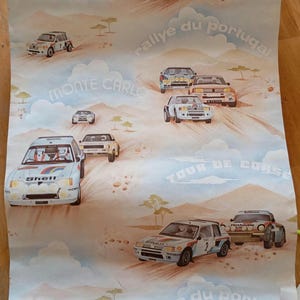 Carta da parati non tessuta, anni '80, vintage retrò, Rally Monte Carlo, antico, Peugeot 205, Francia, vintage, retrò, auto d'epoca, auto da corsa