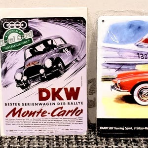 Blikken bord klein, DKW, BMW 507, oldtimer, vintage, metalen kaarten, vintage look, retro look, jaren 50 look, jaren 60, plaatwerk, decoratie