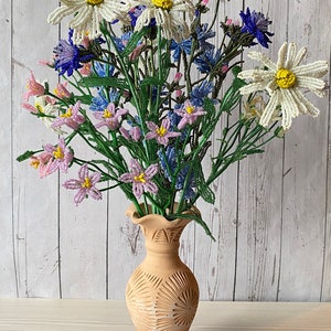 Bouquet of garden flowers Flowers Bouquet beaded Flowers Wildflowers beaded Beaded Flowers in a vase Garden Cornflower Chamomile Chicorty