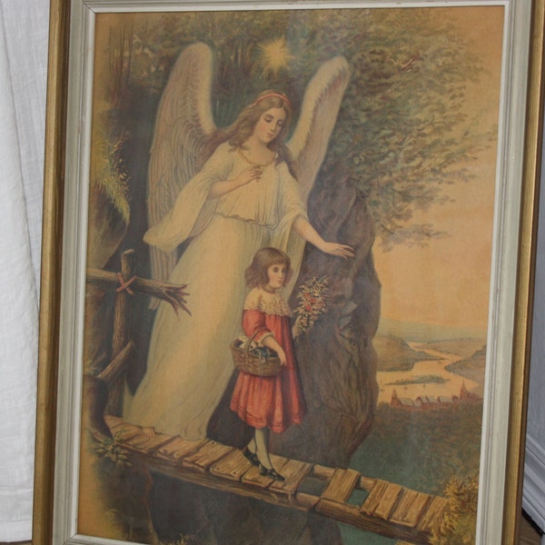 Rare find - Vintage Picture and Frame of a Guardian Engel - So Peacefull and Beautiful - Excellent Vintage Condition - 41 x 51 cm - 1960s