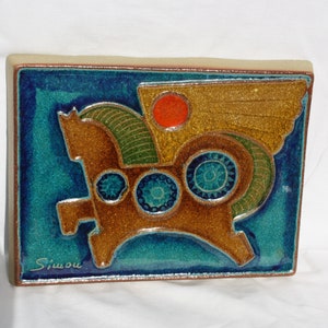 Beautiful Søholm stoneware wall relief with man and woman on horse. Wall hanging in Danish design by Joseph Simon. Made in Denmark in 1960s