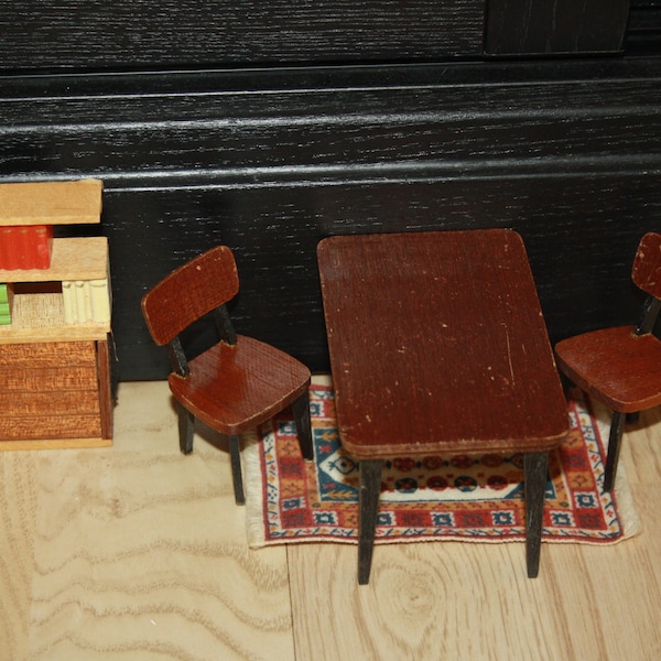 Lundby Dollhouse furniture / a set for Livingroom : 2 chairs, one table, bookshelf, cabinet and carpet / vintage from 1960-1970s /