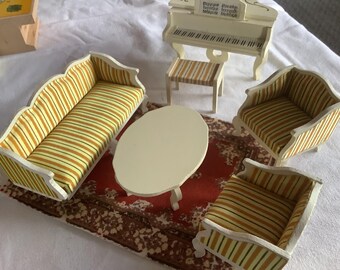 Lundby Dollhouse Furniture # Vintage Lundby Livingroom Furniture # Lovely set of sofa and two chairs and table, piano and chair # From 1970s