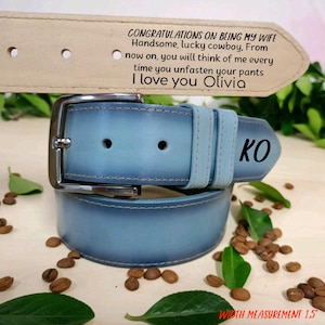Custom Handmade Belt -Light Blue Belt  - Engraved Leather Belt -Grooms Men Gift- Genuine Leather - Gift for Boyfriend-Leather Jeans Belt