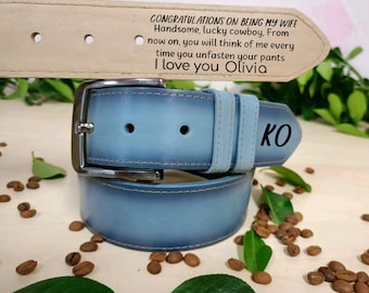 Custom Engraved Light Blue Leather Belt - Personalized Men's Jeans Belt