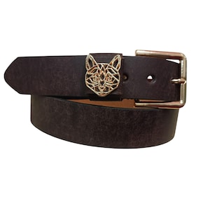 1.3&quot; Brown Handmade Cat Motif Gold Buckle Minimalist Women&#39;s Belt Symbolic Leather Belts with Buckles Inspired by Nature and Mythology