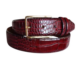 Burgundy Crocodile Pattern Italian Leather Belt (35mm)