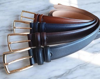 Handmade Leather Belt for Men, 3.5cm Genuine Leather Dress Belt with Gold Buckle, Black Dark Brown Navy Blue Tan Pebbled Belt, Gift for Him