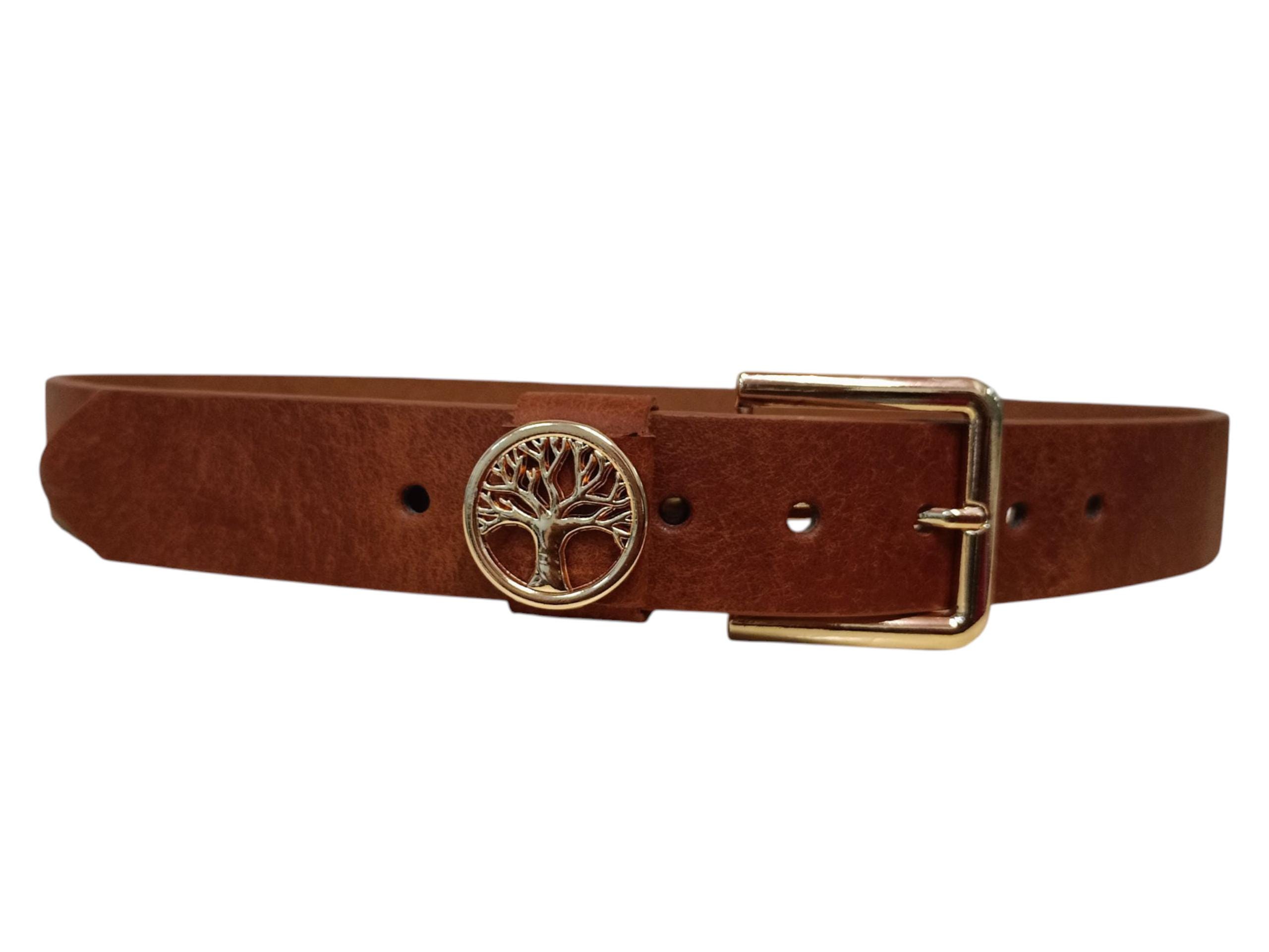 Handmade Tree of Life Leather Belt: Tan & Gold Buckle  display picture 2