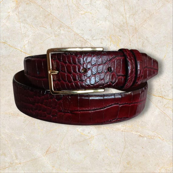 Italian Burgundy Crocodile Belt with Gold Buckle 35 mm