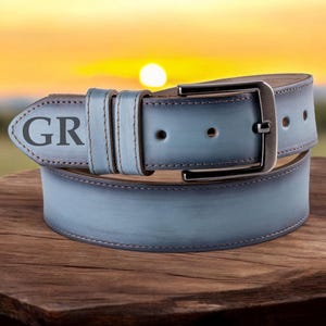 Custom Handmade Belt - Anniversary Gift -Light Blue Belt  - Engraved Leather Belt -Grooms Men Gift- Genuine Leather - Gift for Boyfriend